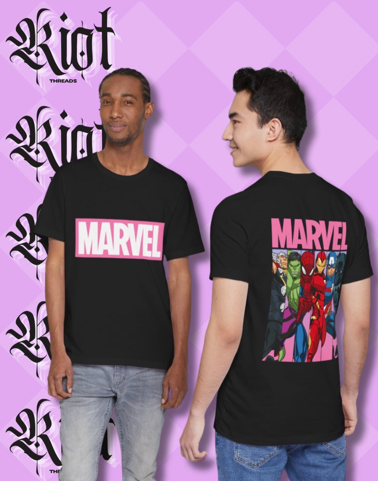 Marvel Retro Heroes T‑Shirt — Pink Logo & Character Panel Graphic Tee