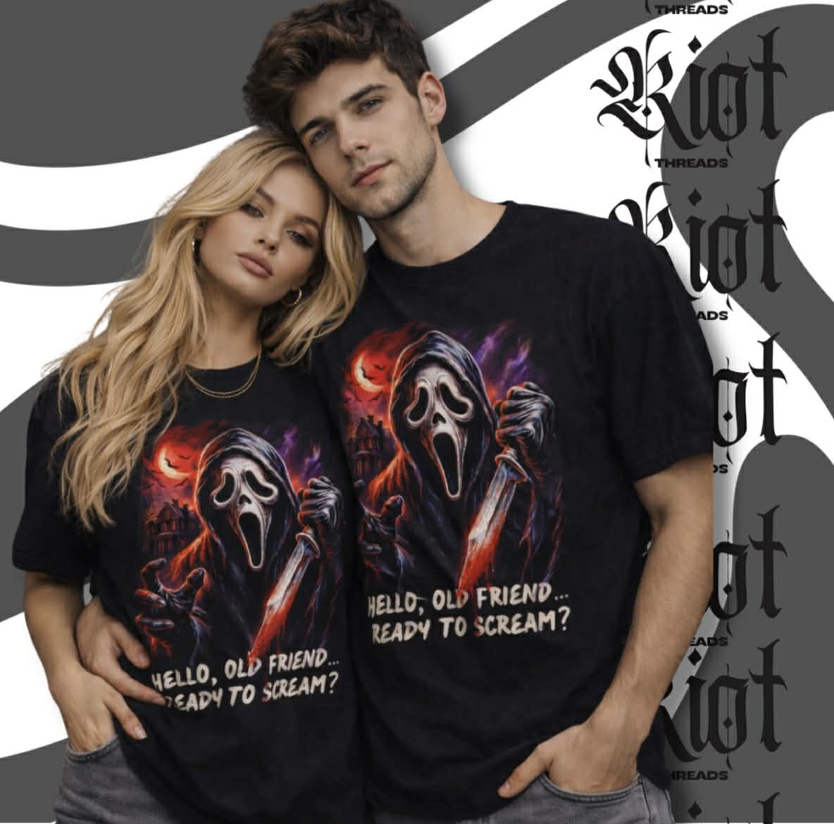 Scream Mask Bloody Knife Illustration Tee | Hello Old Friend Ready to Scream?
