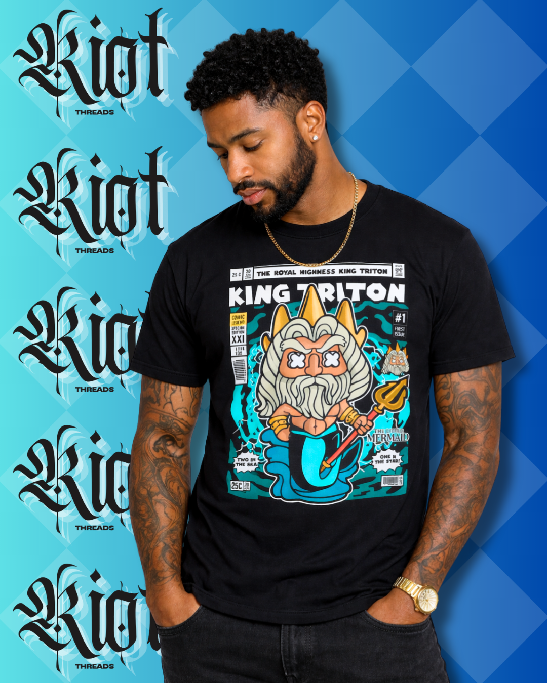 King Triton Comic-Style T-Shirt — Vintage Mermaid King Graphic Tee